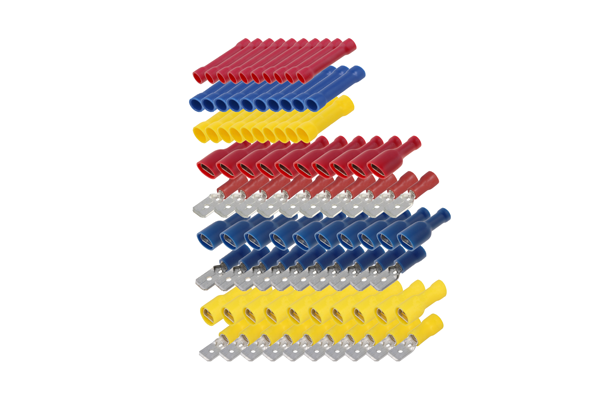 ASSORTIMENT 90 COSSES ISOLÉE 6.3MM  MÂLE/ FEMELLE/ TUBE/ JAUNE/ ROUGE/ BLEU 